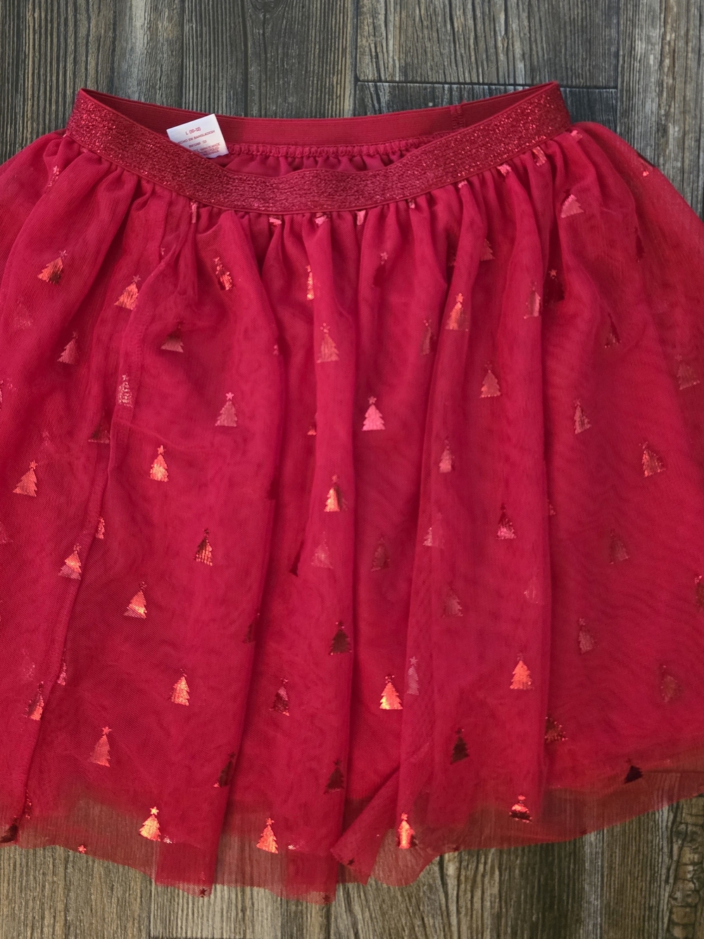 Holiday Time Red Tulle Skirt with Shimmering Tree Accents